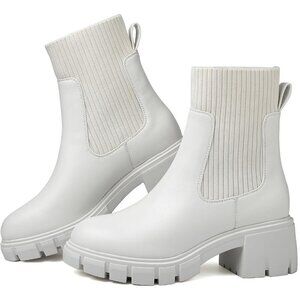 Women's White Chelsea Platform Ankle Boots Fashion Chunky Heel